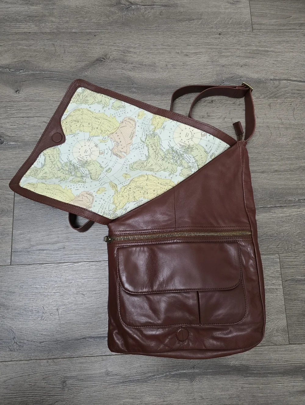 Hobo Asymeyrical Mahogony Leather Shoulder Bag Map Fabric Lining